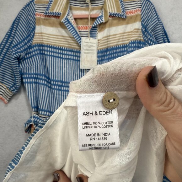 Ash & Eden Shirt Dress Womens Medium Blue Tan Stripe Belted Midi Cotton Collared - Picture 7 of 10